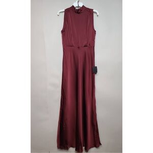 Lulu's Classic Elegance Wine Satin Sleeveless Mock Neck Maxi Dress NEW